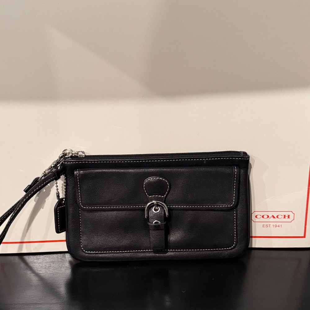 Coach Black Leather Soho Wristlet with Silver Buckle